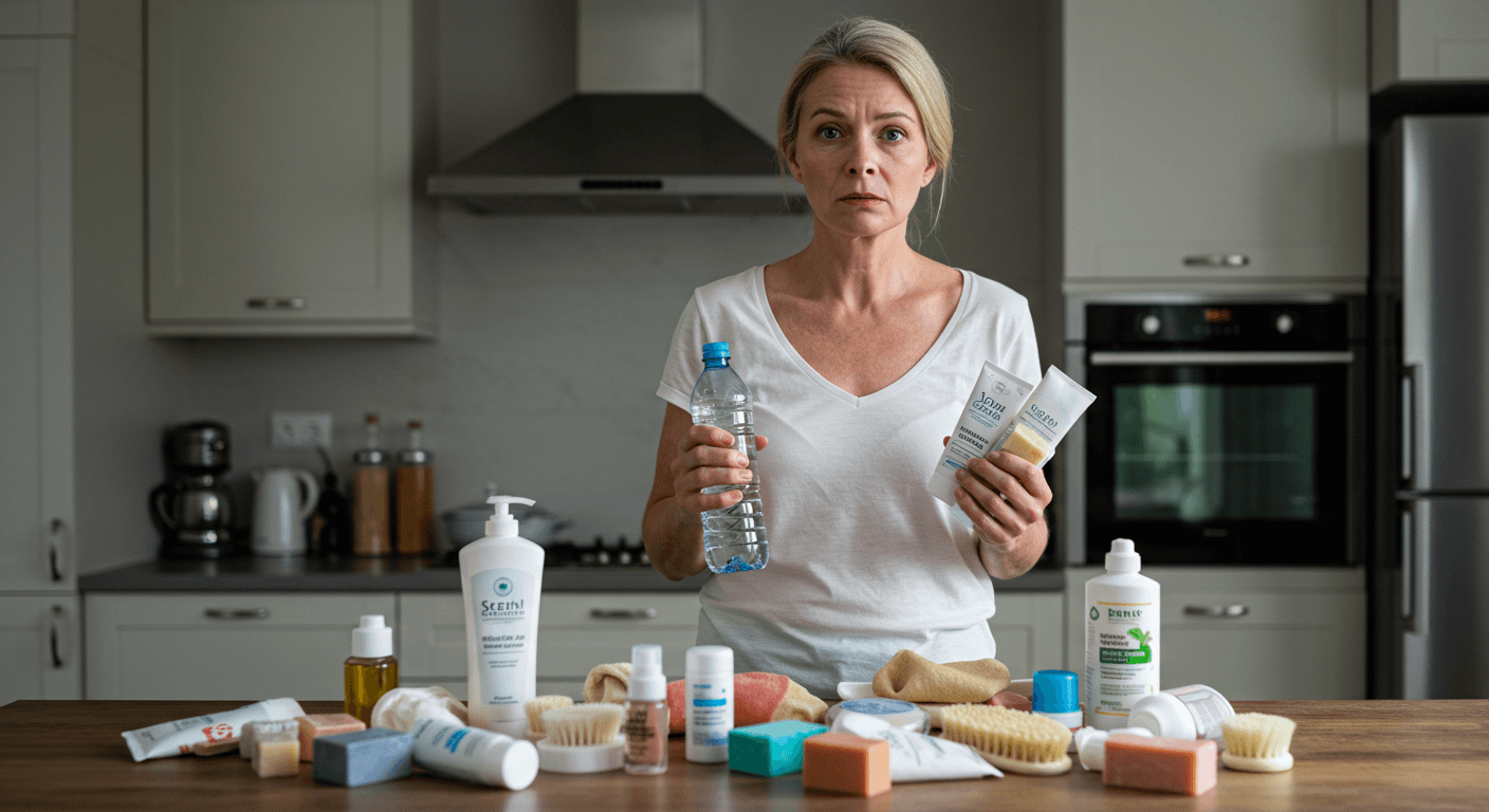 A concerned woman in a white t-shirt standing in a kitchen, holding a water bottle and skincare products, with various beauty items scattered on a wooden table.