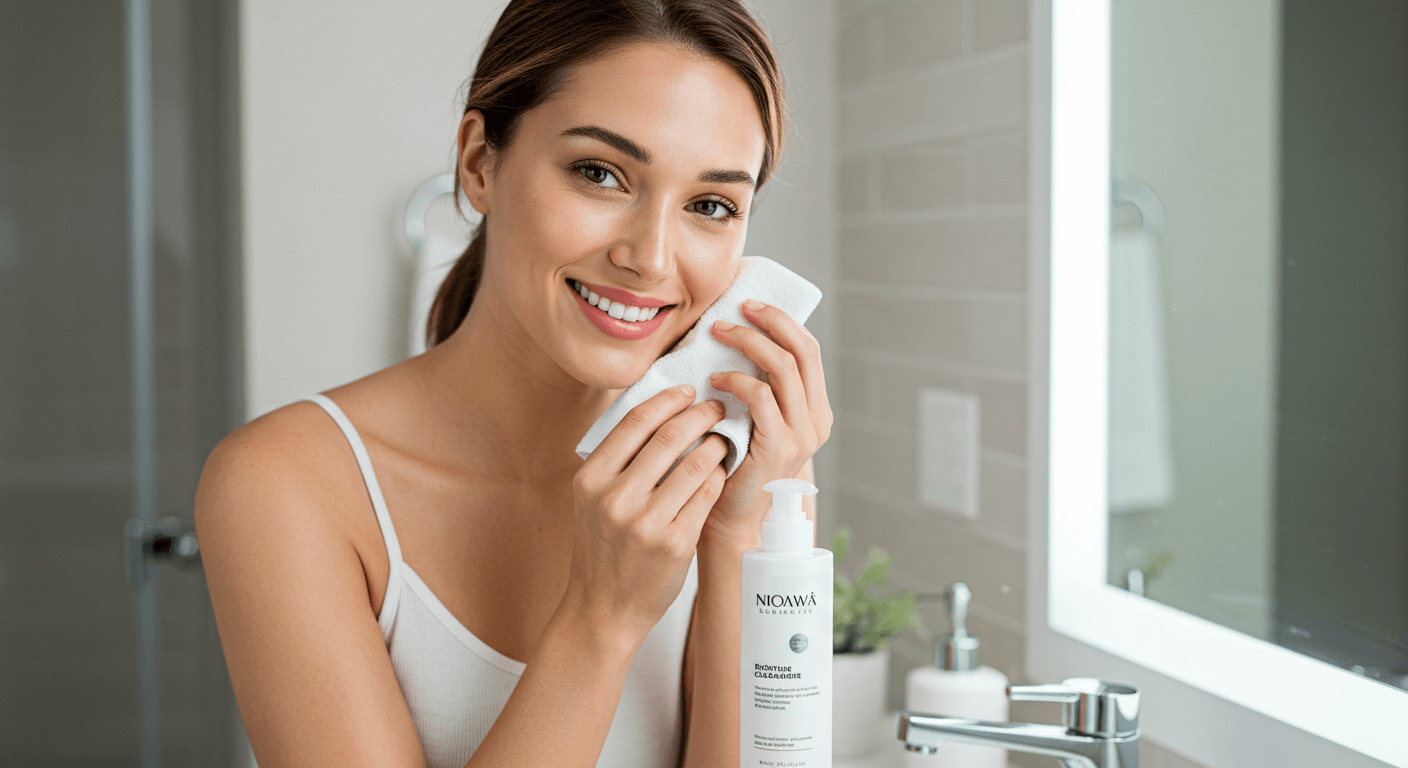 A smiling woman cleansing her face with a white towel, holding a cleanser bottle beside a well-lit bathroom mirror.