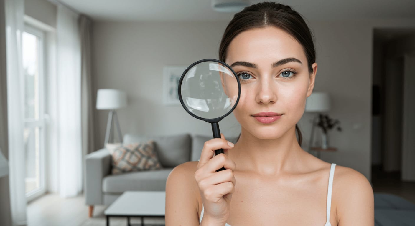A woman with flawless skin holding a magnifying glass over one eye, examining her complexion in a softly lit living room.