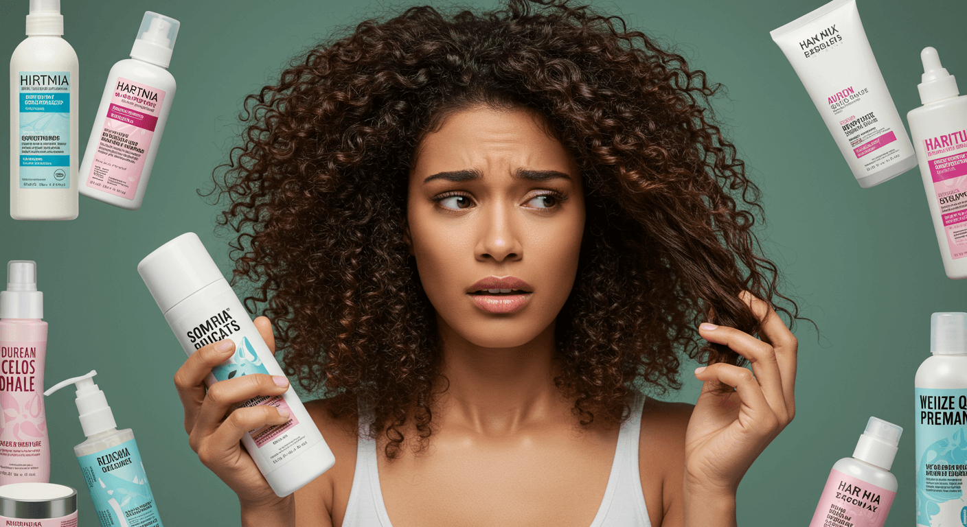 A woman with curly hair holding a curl cream bottle, looking uncertain about its benefits.