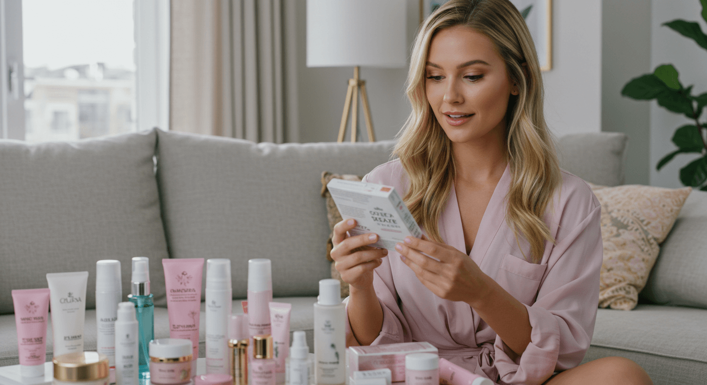 A young woman in a pink robe reviewing skincare products in a bright living room.