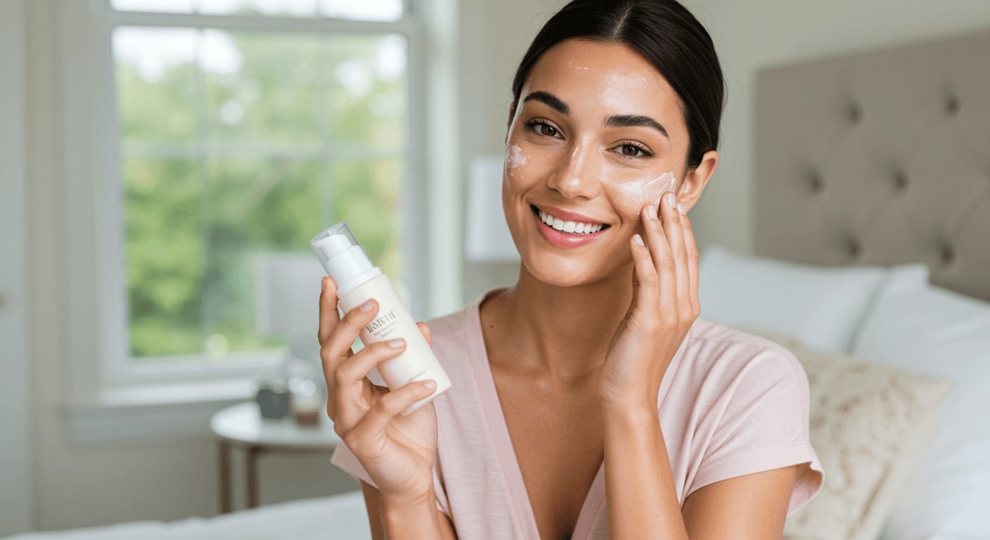 A smiling woman in a soft pink top applying a skincare product to her face while holding a pump bottle in a bright bedroom.