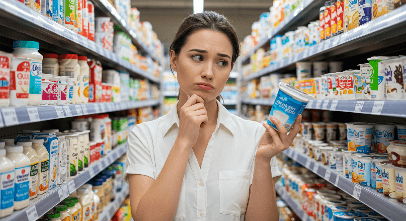 A woman holding a yogurt container while shopping in a dairy aisle, with a skeptical expression.