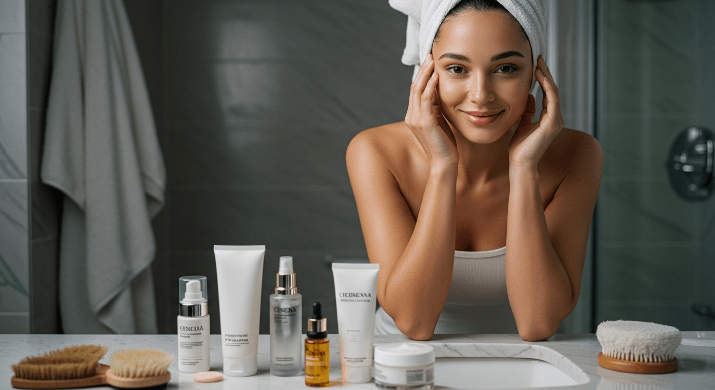 A woman with a towel wrapped around her hair sitting in a bathroom, surrounded by skincare products like serums, oils, and brushes.