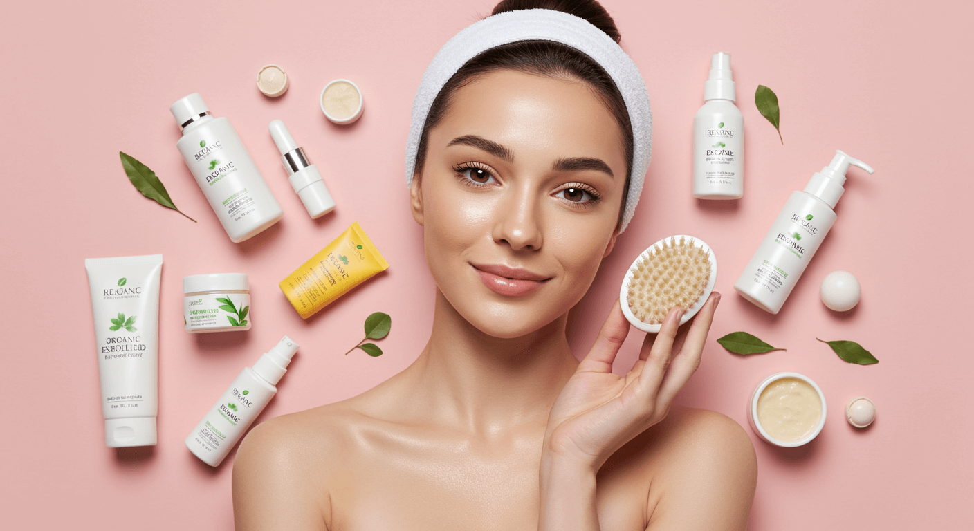 Woman with a headband holding a brush surrounded by various organic exfoliating products.