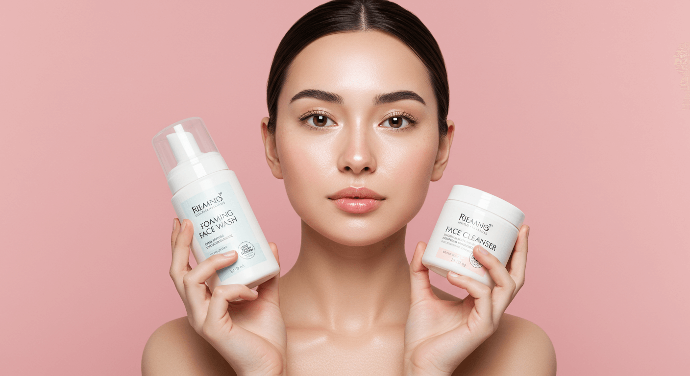 Woman holding a foaming face wash and a rice cleanser with a clear complexion.