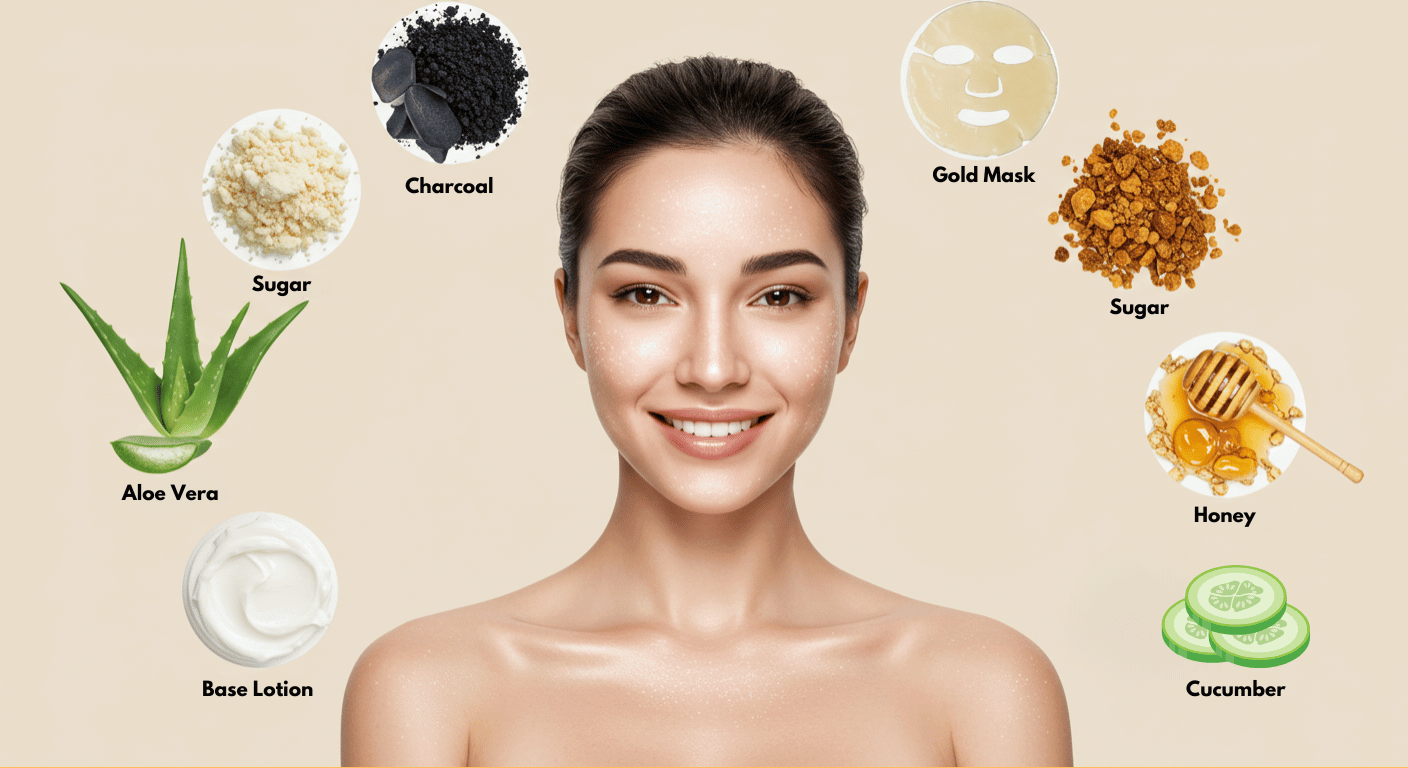 Woman with a radiant complexion surrounded by natural face mask ingredients like aloe vera, honey, and charcoal.