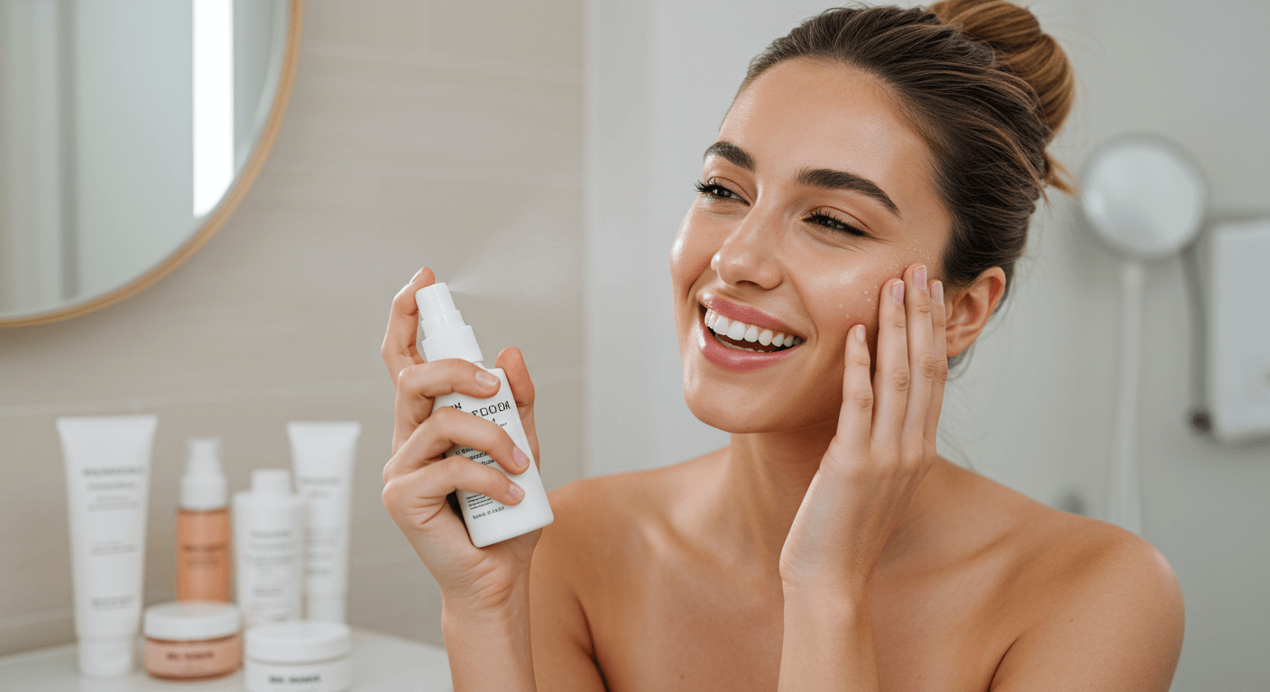 Woman smiling while applying a facial spray in a minimalist bathroom setting. -