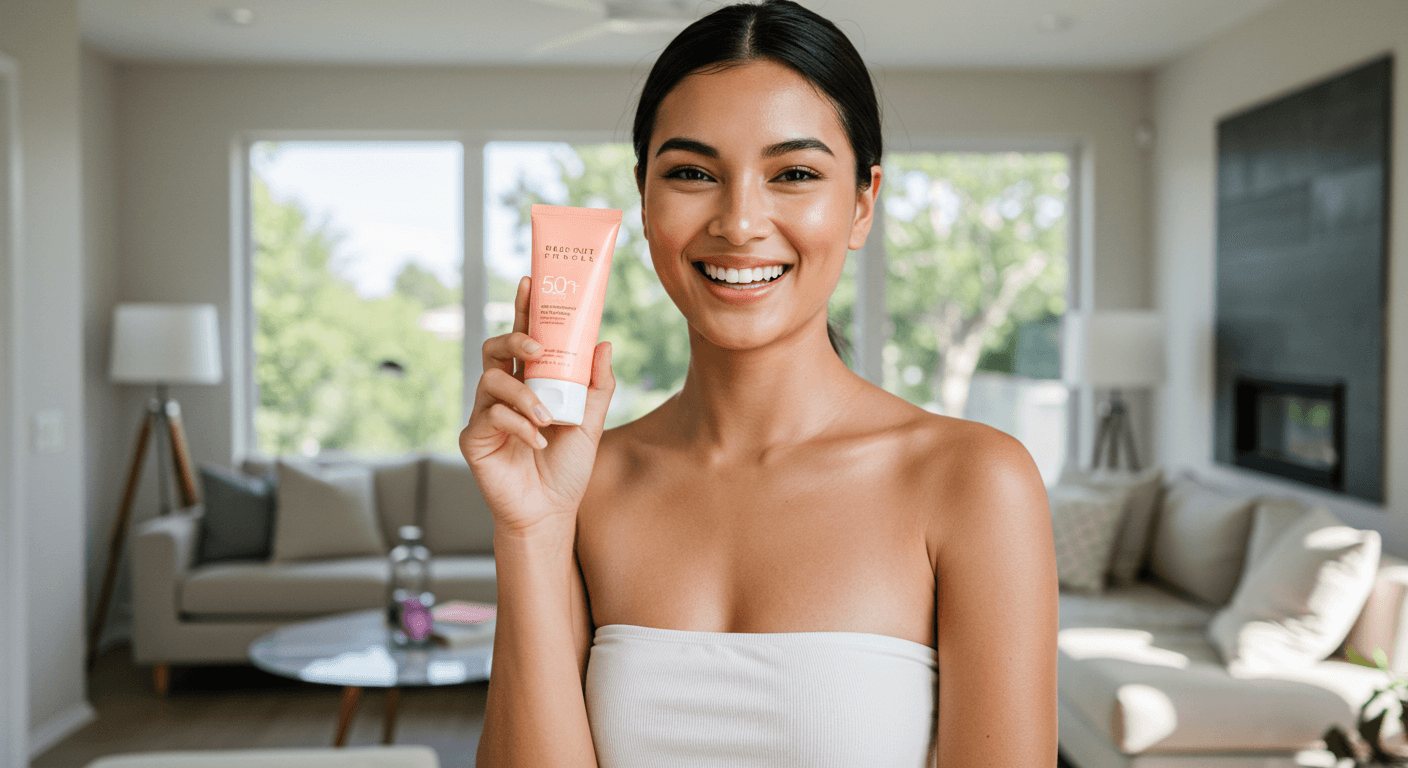 A woman indoors holding a tube of SPF 50+ sunscreen with a radiant smile.