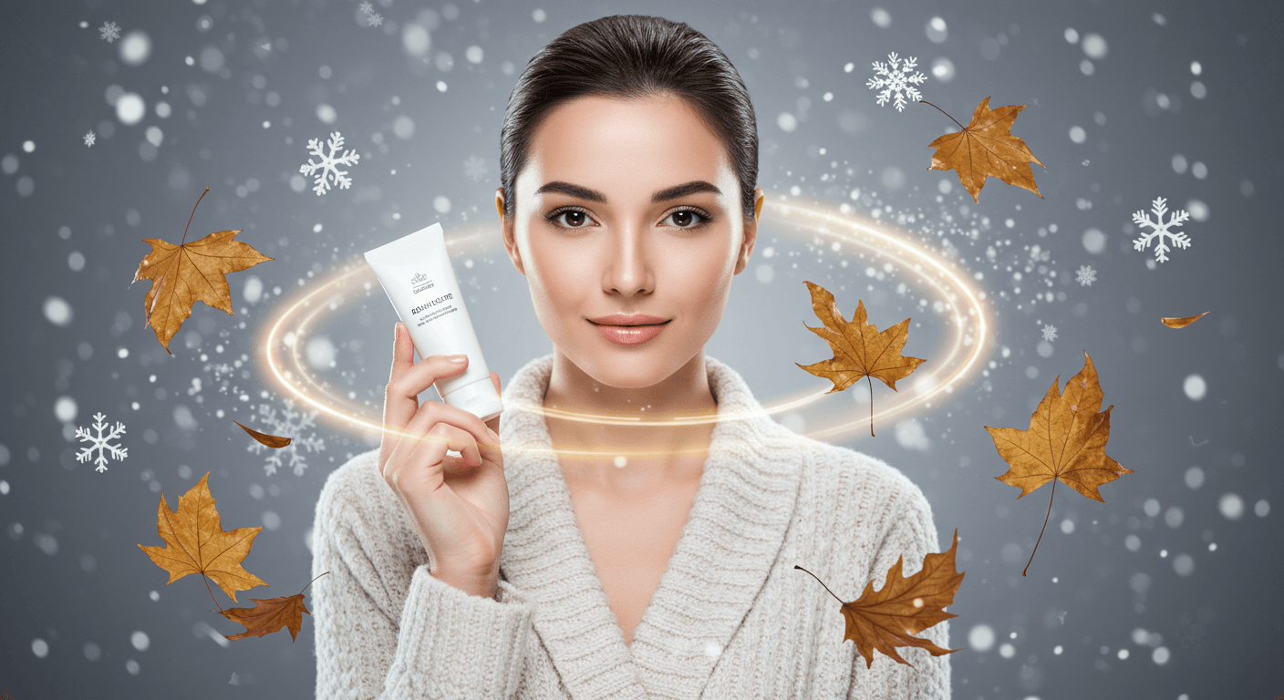 A woman with a cozy sweater holding a skincare product, surrounded by floating snowflakes and autumn leaves.
