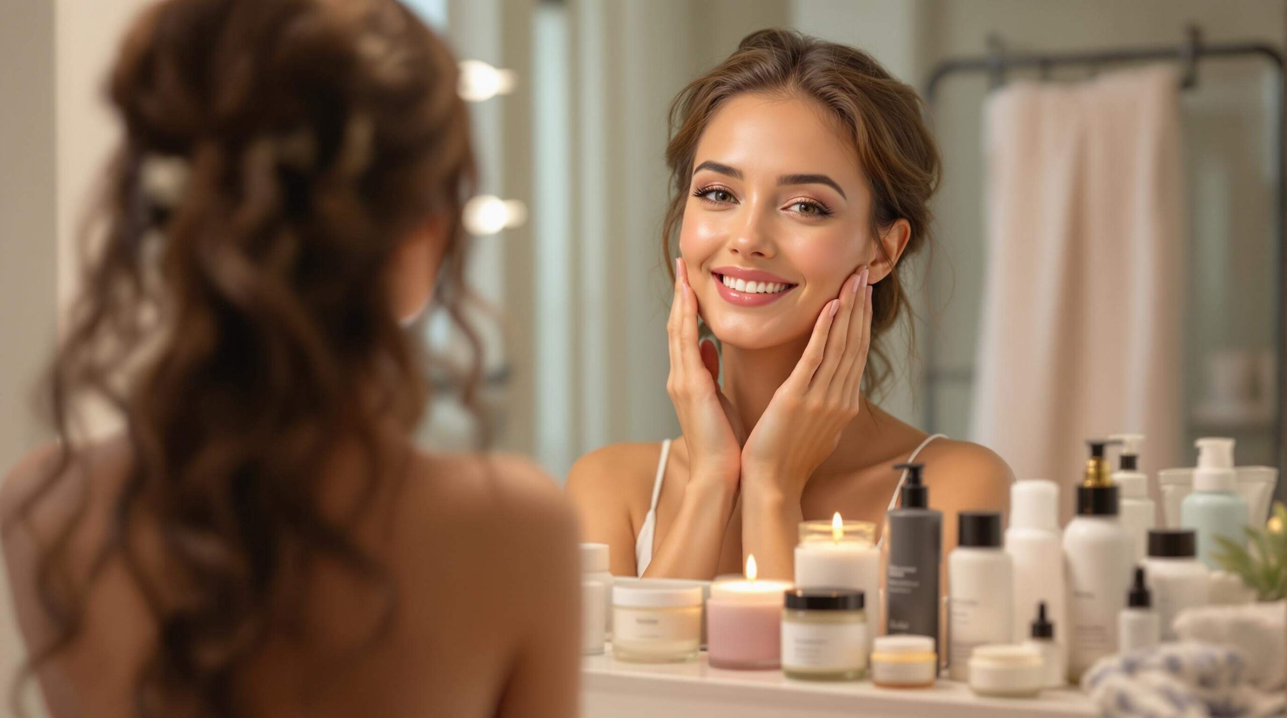 A young woman smiling at herself in the mirror, surrounded by candles and skincare products on a bathroom counter.