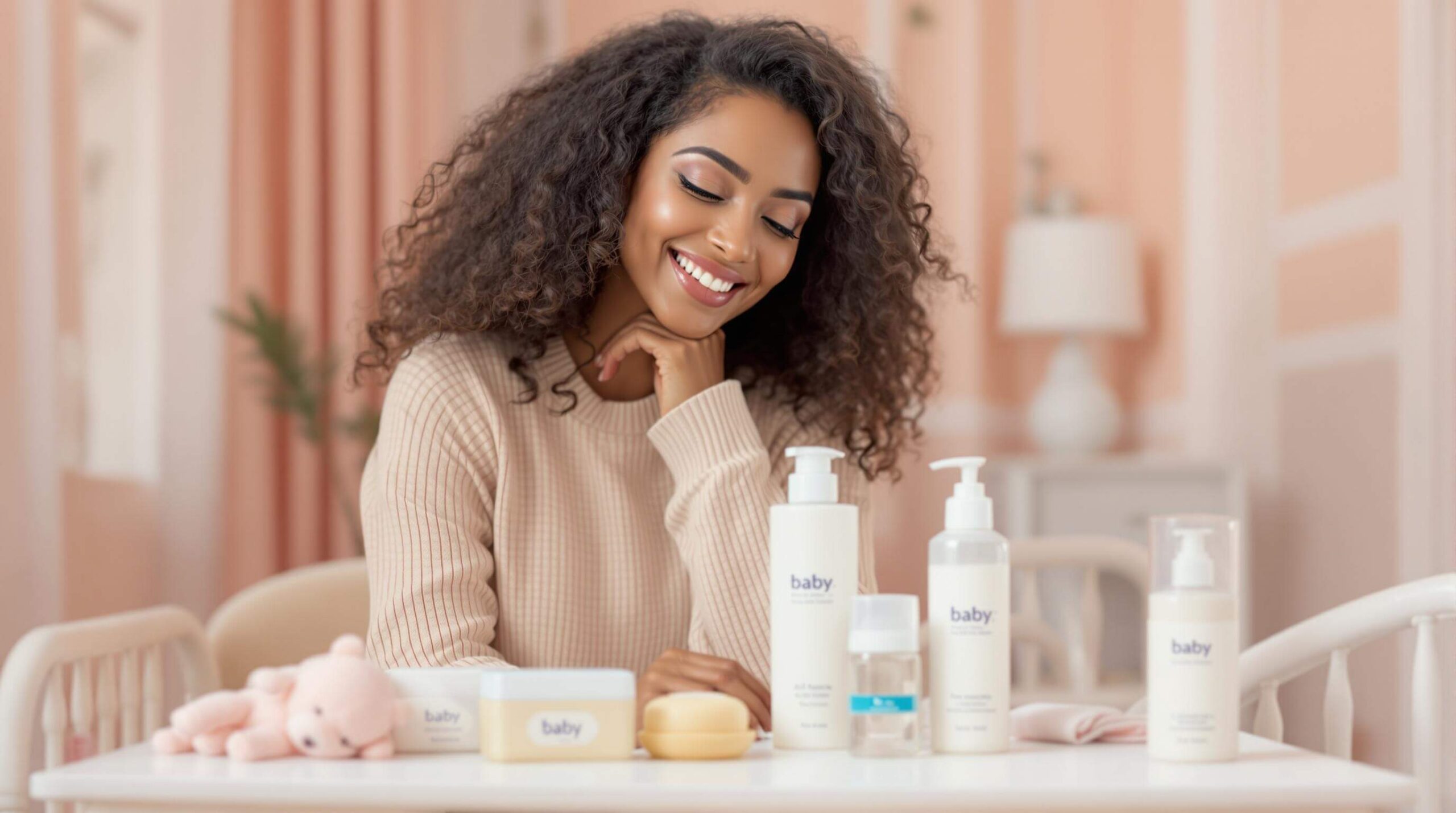 Smiling woman with curly hair looking at an assortment of baby skincare products.