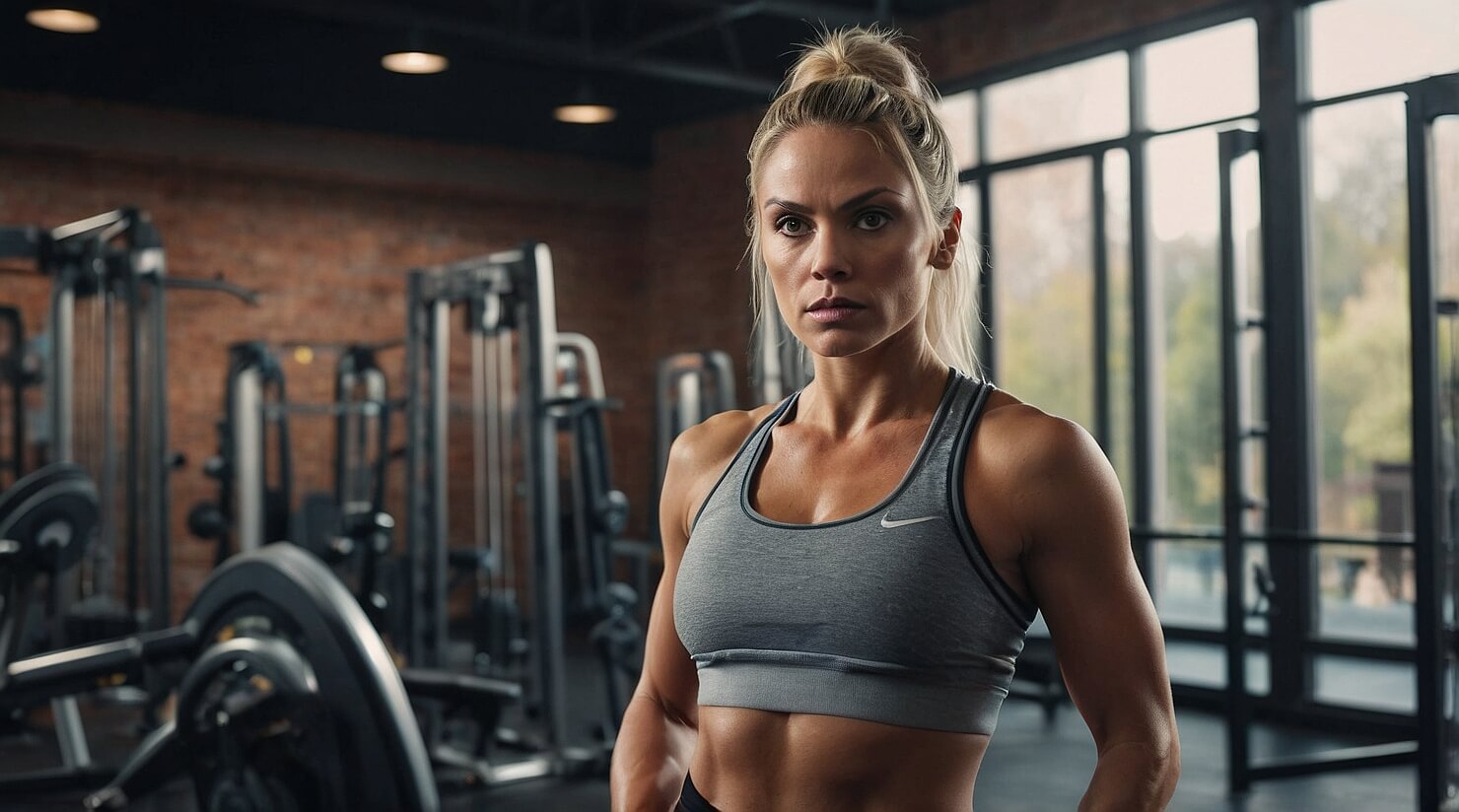 Focused woman in a gym lifting weights during a fitness class.