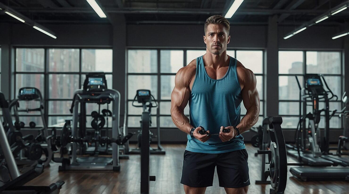 Man working out with fitness equipment in a modern gym.