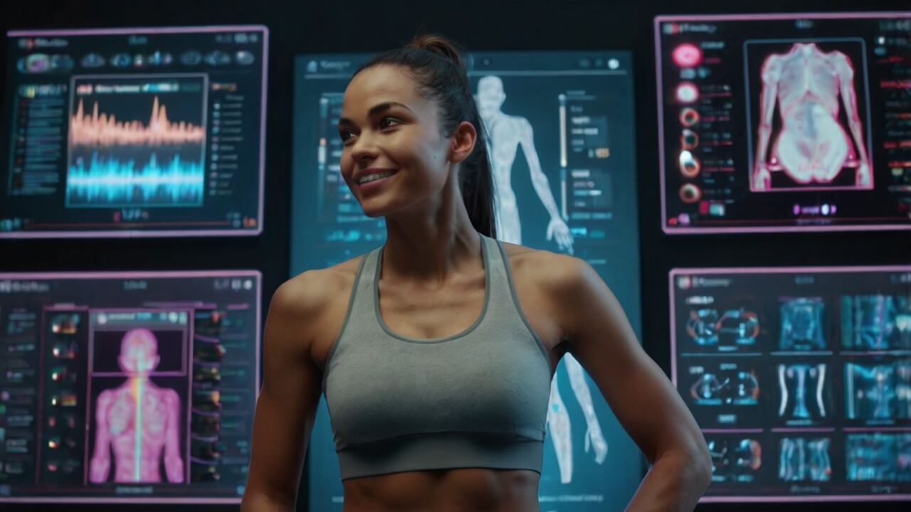 Fit woman in a sports bra smiling in front of high-tech fitness monitoring screens.