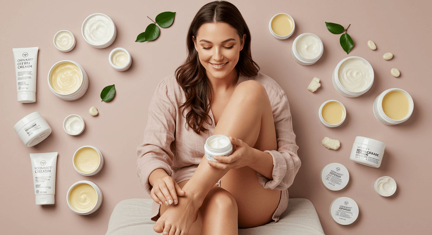 Woman applying foot cream surrounded by various organic skincare products.