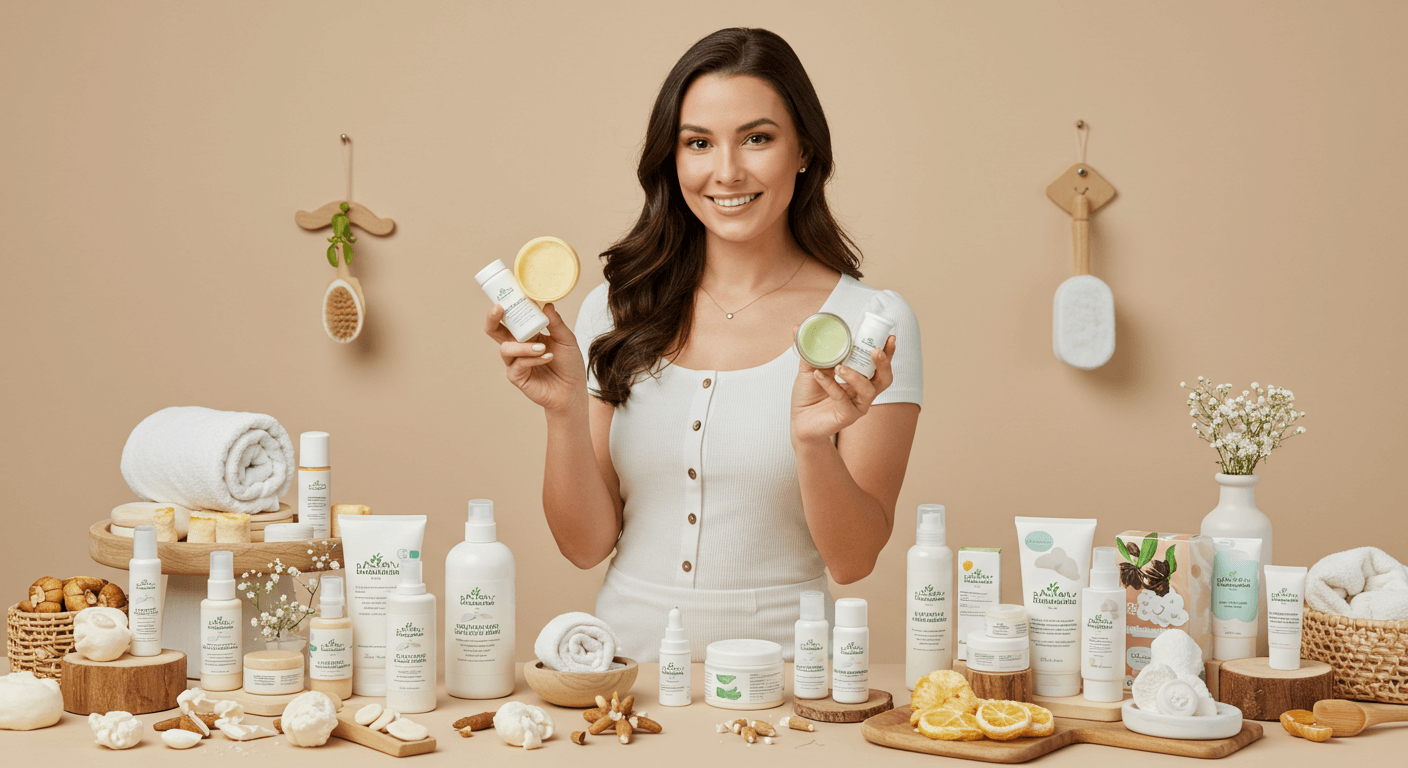 Smiling woman showcasing natural skincare products amidst a collection of natural ingredients.