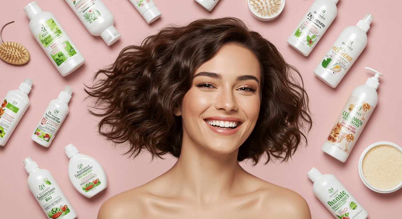 Woman with wavy hair smiling surrounded by organic hair care products. The background is showing Top 20 Organic and Natural Skin Care Products for 2025.