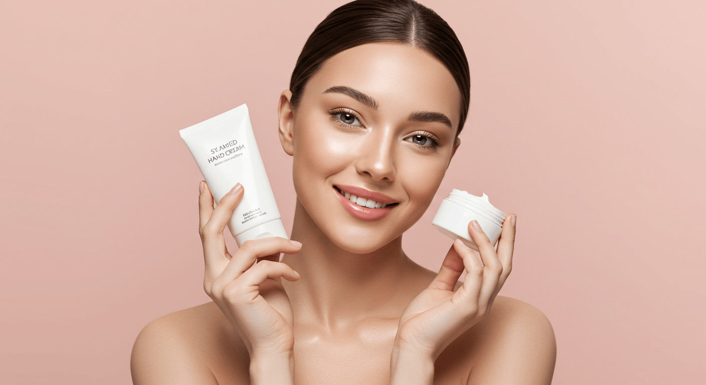 Woman holding a tube and jar of hand cream with a cheerful expression.
