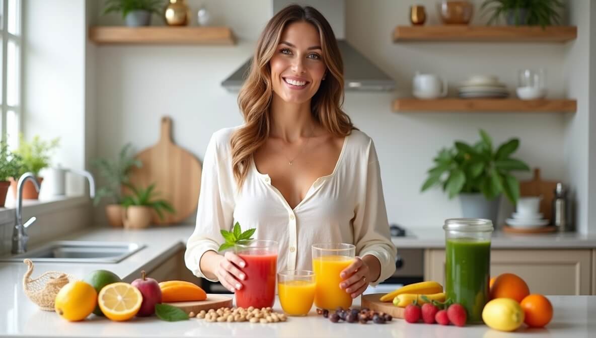 Smiling woman in a kitchen with fresh fruits and vibrant juices.