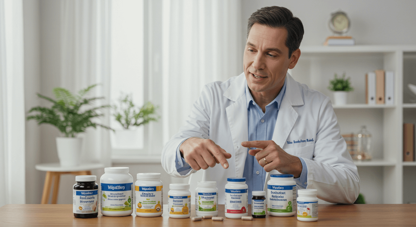 Male expert presenting a variety of supplement bottles on a wooden table.