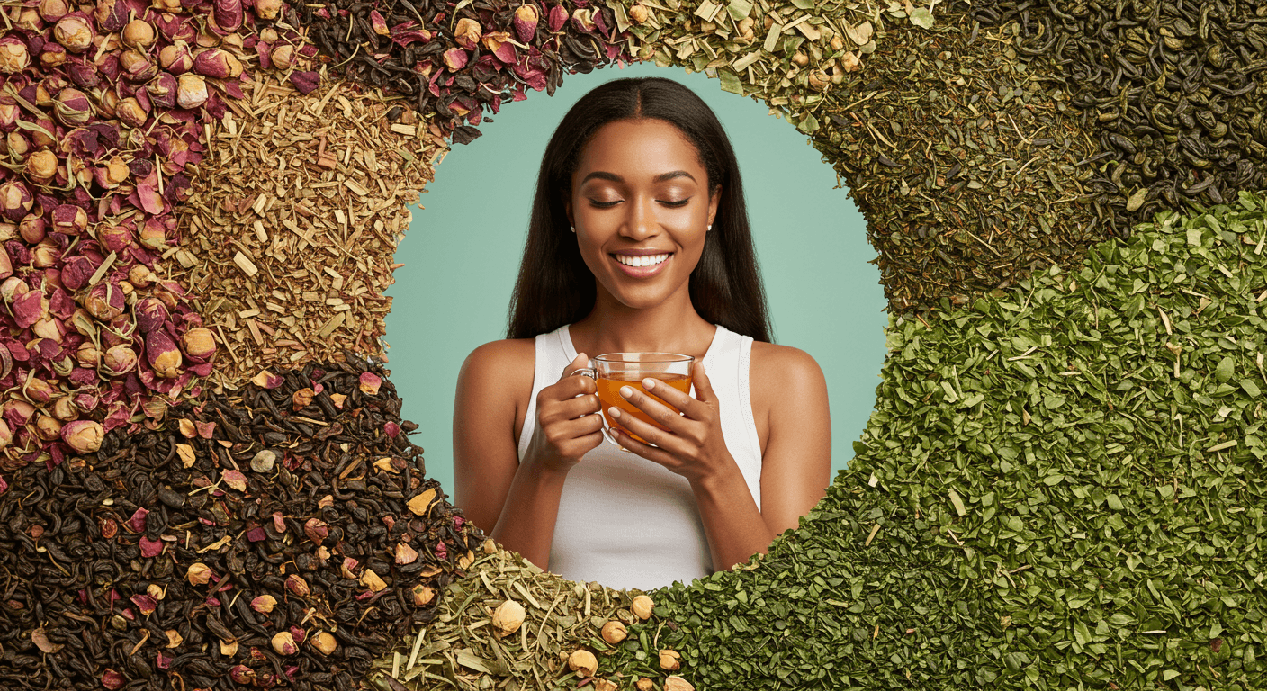 Smiling woman holding a cup of tea surrounded by various dried tea leaves.