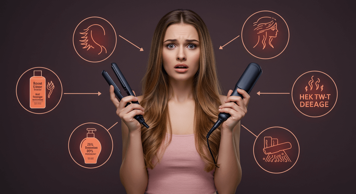 A woman holding flat irons and heat protectant products, looking concerned.