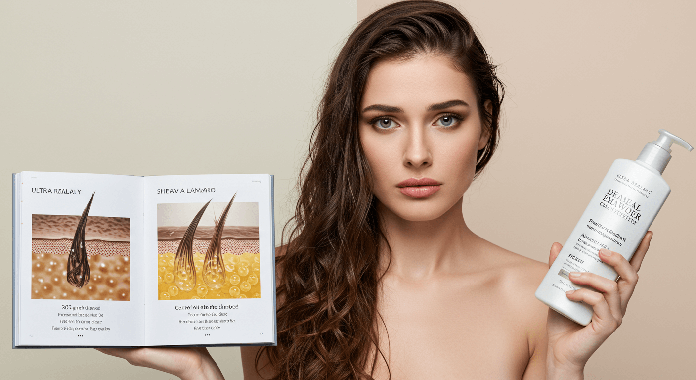 A woman holding a bottle of hair product and an open book illustrating the effects of heavy waxes on hair.