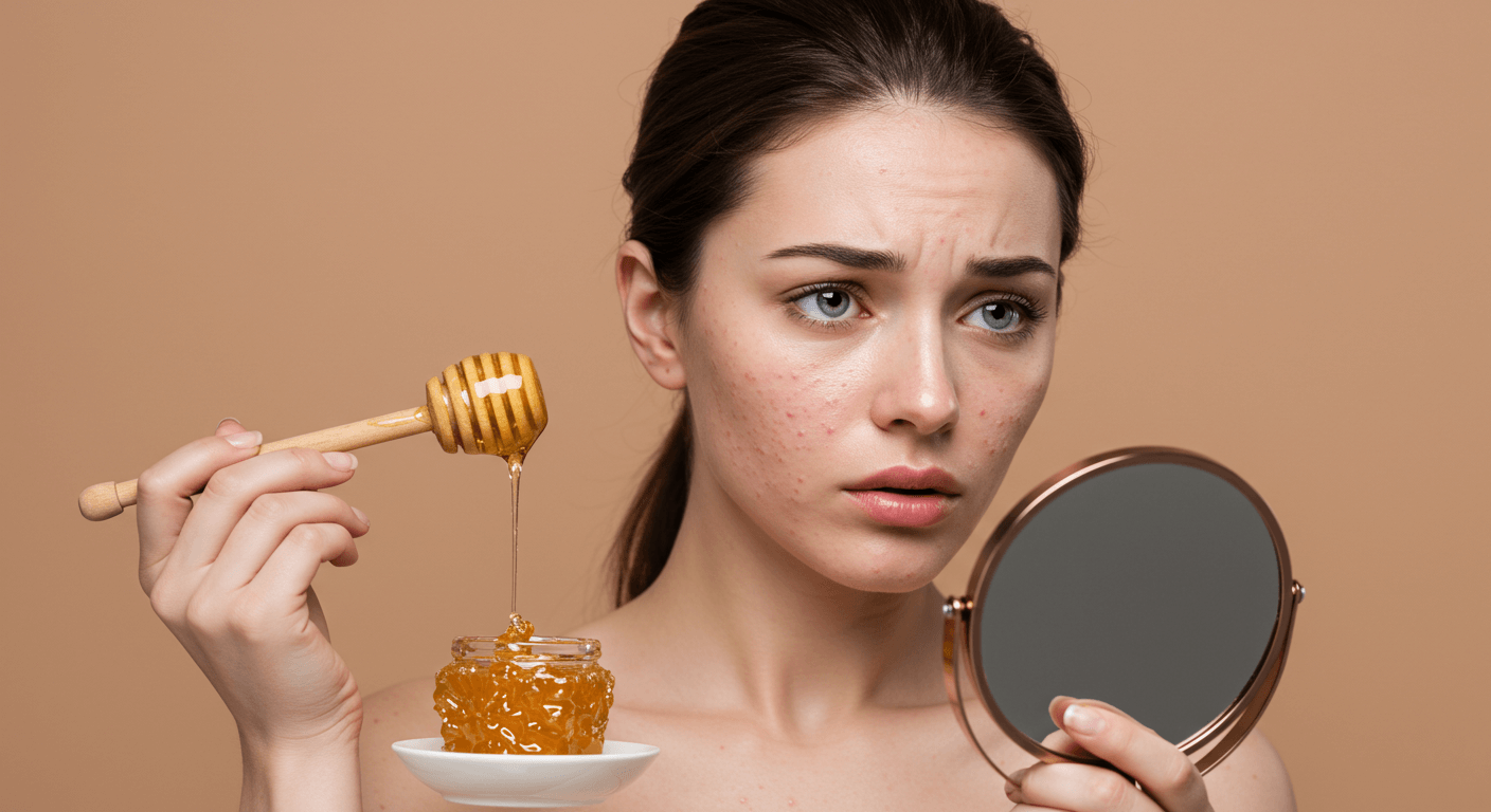 A woman holding a jar of honey and a mirror, looking at her acne-prone skin with concern, against a beige background.