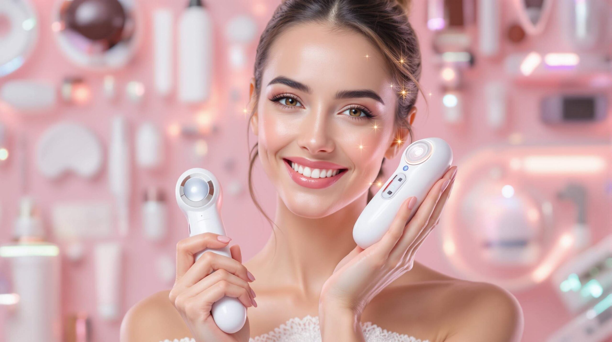 A woman holding two advanced skincare devices in her hands, smiling against a background of futuristic skincare tools.