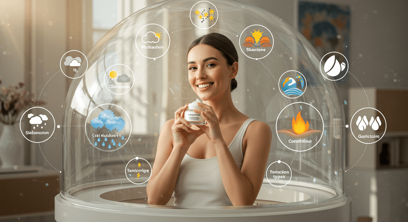 Woman in a dome-like structure holding skincare cream with weather and environmental icons around her.