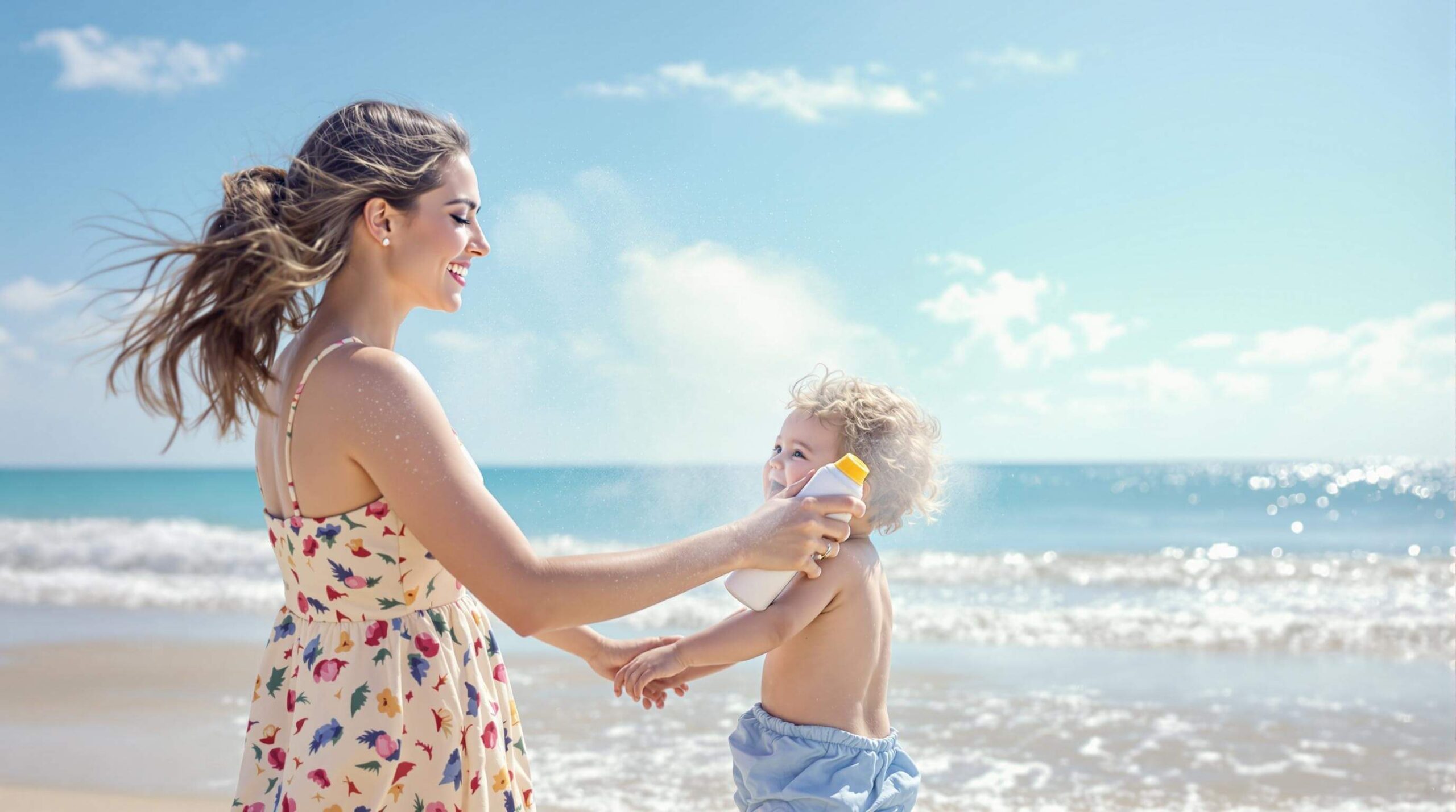 A mother applying sunscreen spray to her young child at the beach.