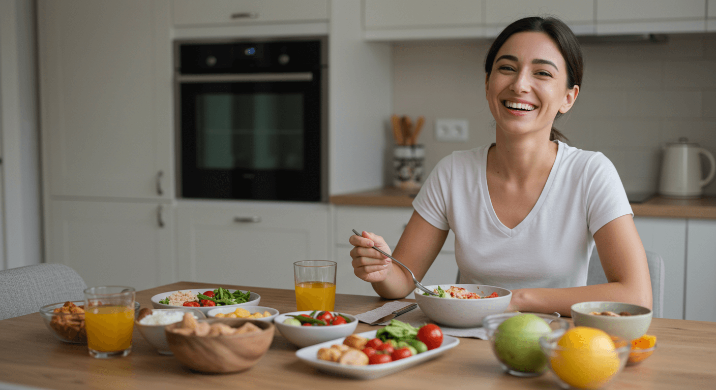 A woman smiling while enjoying a healthy meal at a wooden table in a modern kitchen.