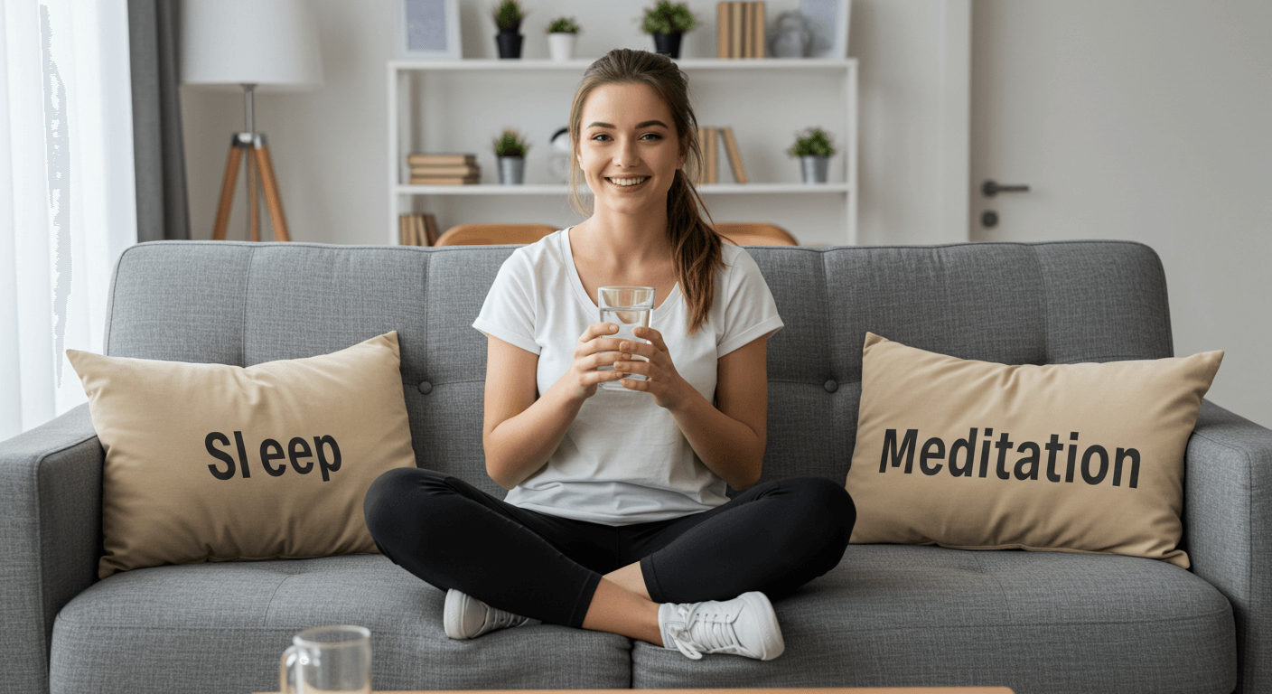 A woman sitting on a couch holding a glass of water, with pillows labeled 'Sleep' and 'Meditation' behind her.