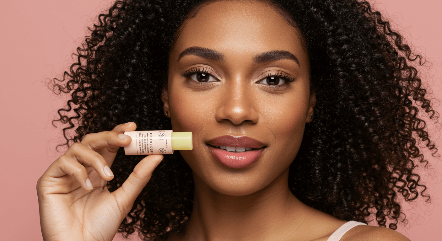 Woman with curly hair holding a tube of natural lip balm close to her lips.
