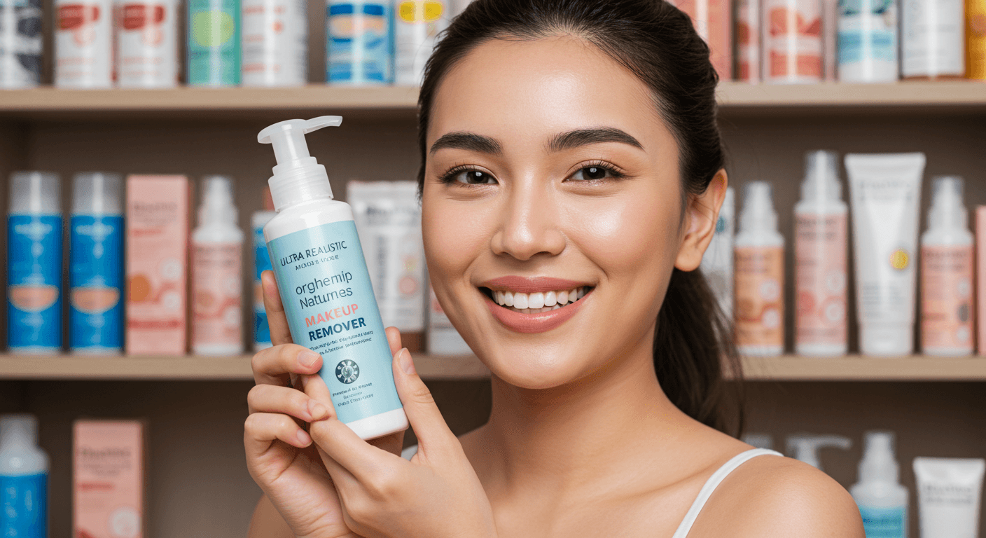 Woman holding a makeup remover bottle while smiling in front of a shelf of beauty products. -