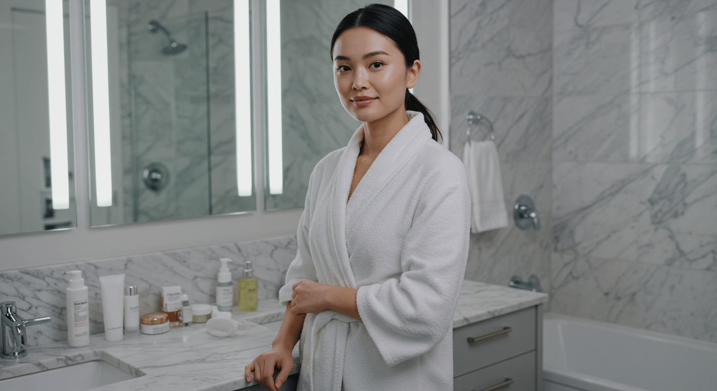 Woman in a white robe standing confidently in a marble bathroom with neatly arranged skincare products on the counter.