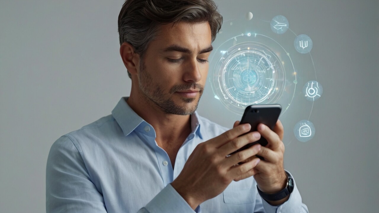 Man focusing on his phone with a futuristic holographic interface.