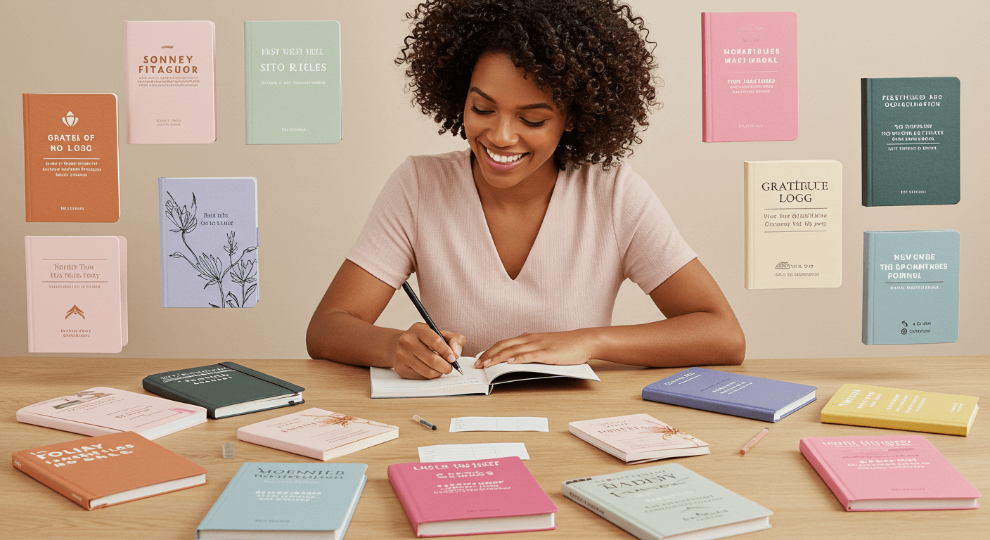 Woman happily writing in a journal surrounded by colorful notebooks.
