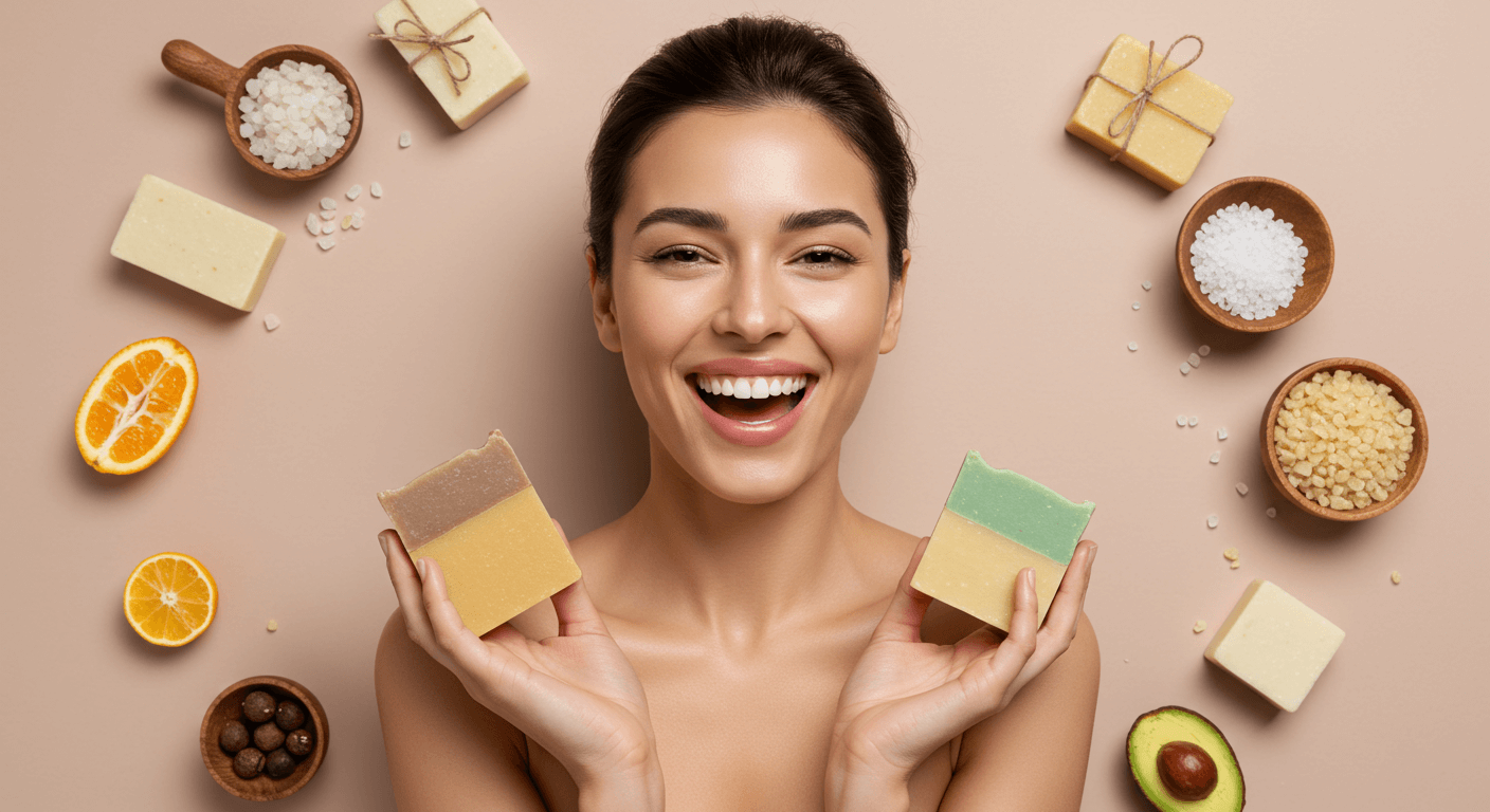 Hands arranging beautifully crafted natural soaps with herbal decorations.