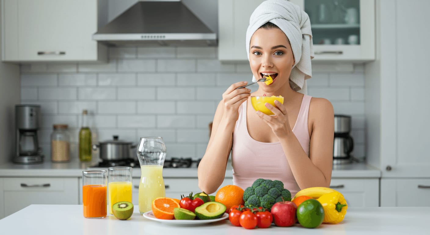 A woman in a towel wrap enjoying a healthy fruit bowl in a bright kitchen, surrounded by fresh fruits, vegetables, and nutritious juices.