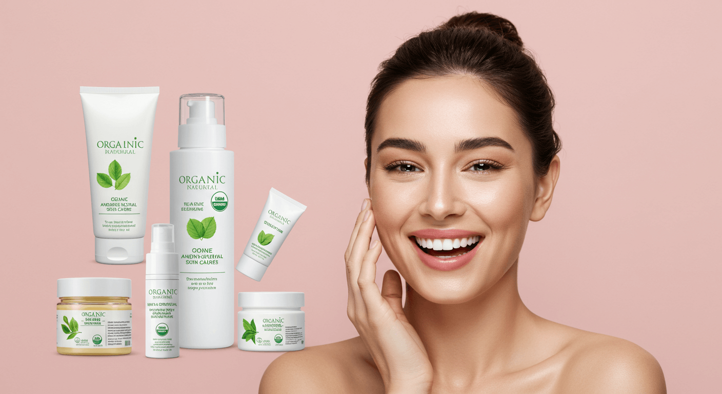 Woman smiling with a collection of organic moisturizers and skincare products displayed.