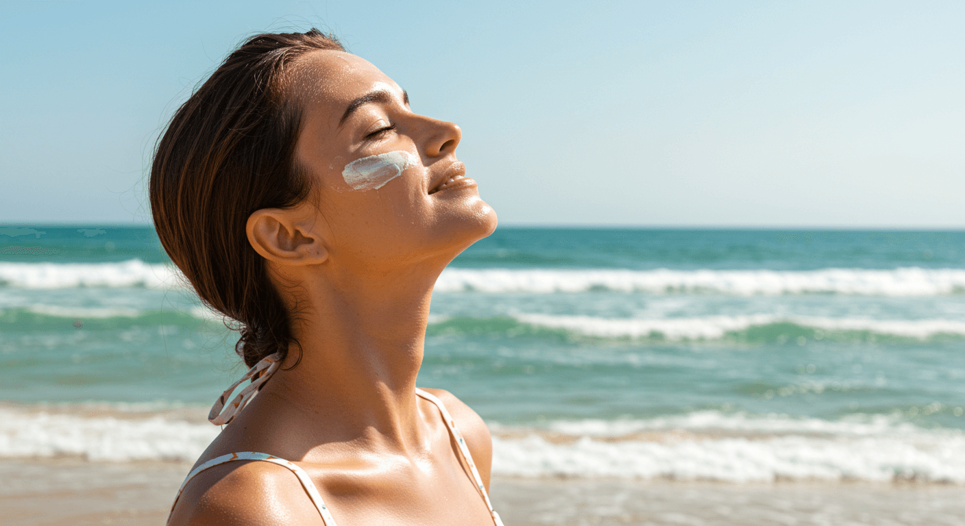 A woman enjoying the sun with sunscreen applied to her face at the beach. One of the Best Sunscreens for Ultimate Sun Protection in 2025