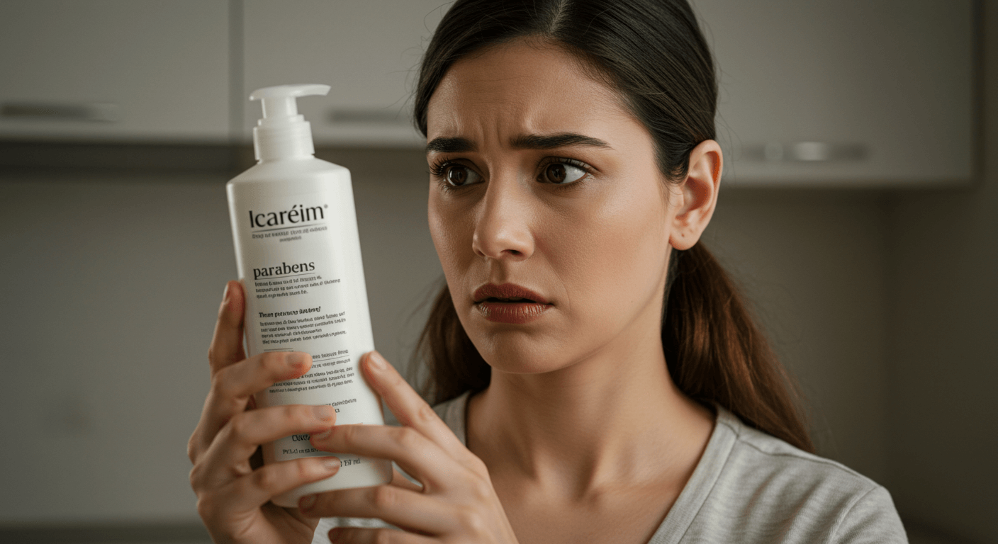 A woman reading the label of a hair product, looking confused about parabens.