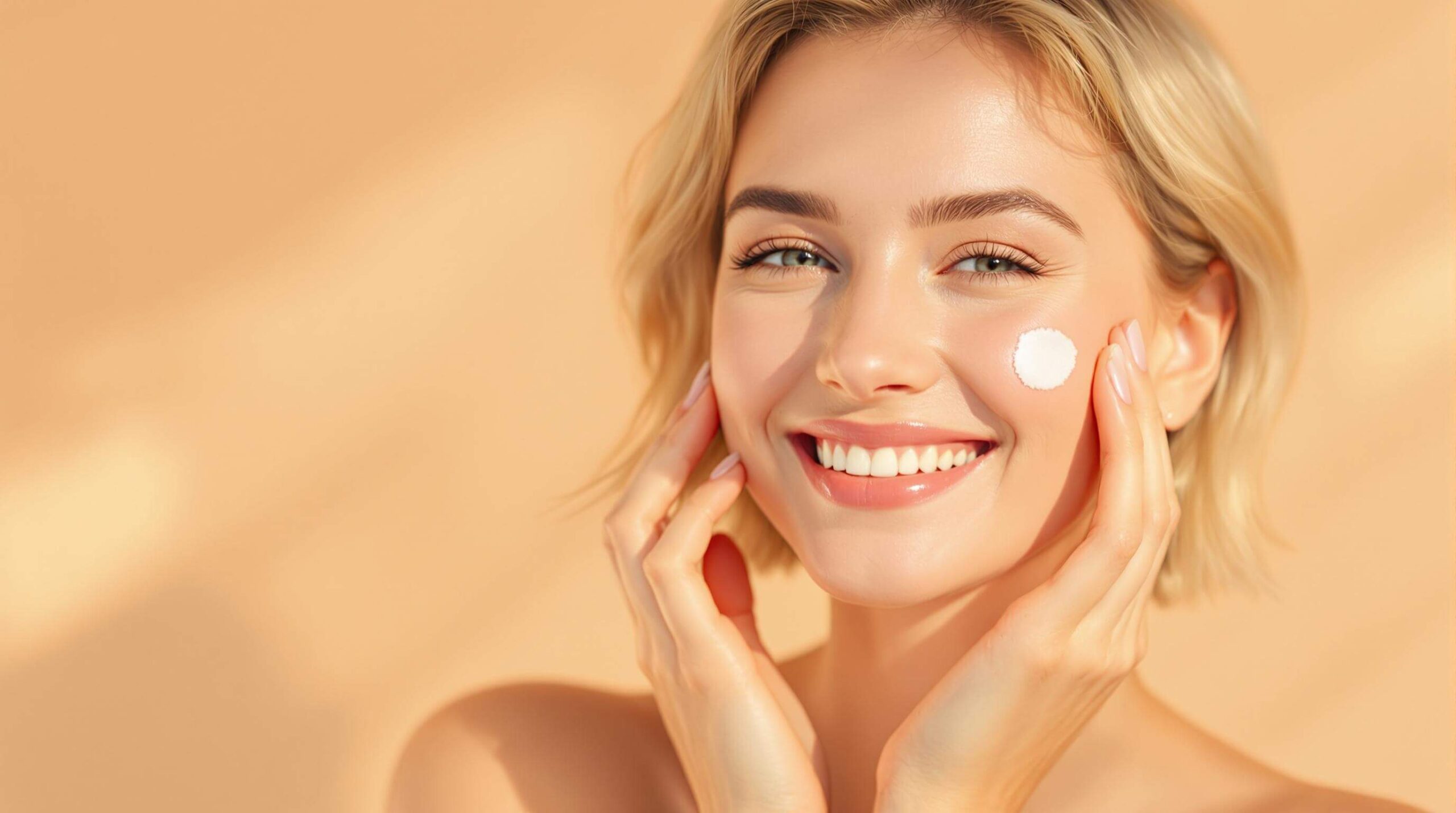 A woman smiling while applying sunscreen to her cheek against a warm background.