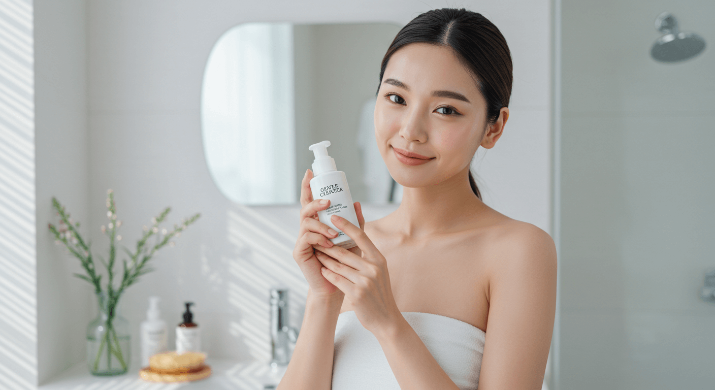 A woman in a towel holding a bottle of facial cleanser in a bright and minimalistic bathroom.
