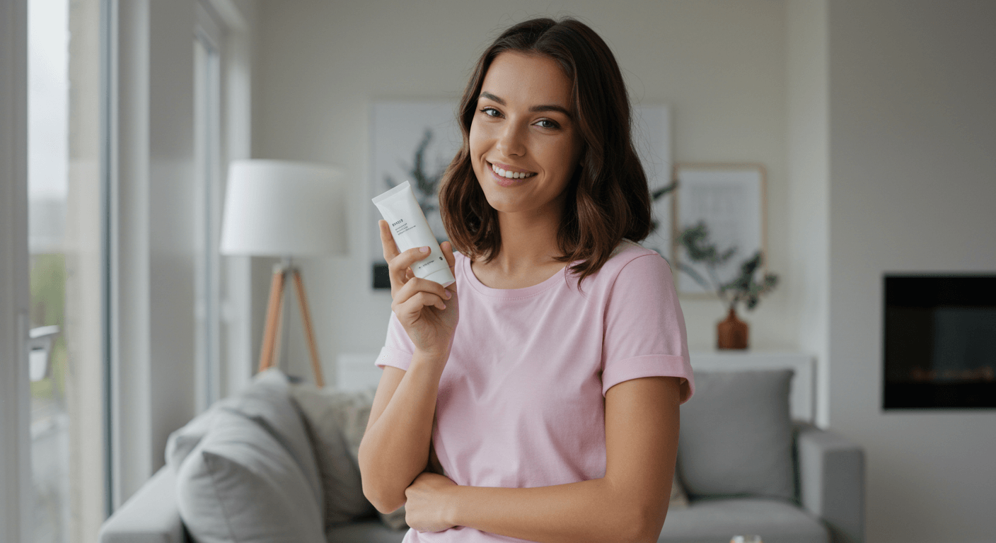 A smiling woman in a pink shirt holding a tube of skincare product in a cozy living room.