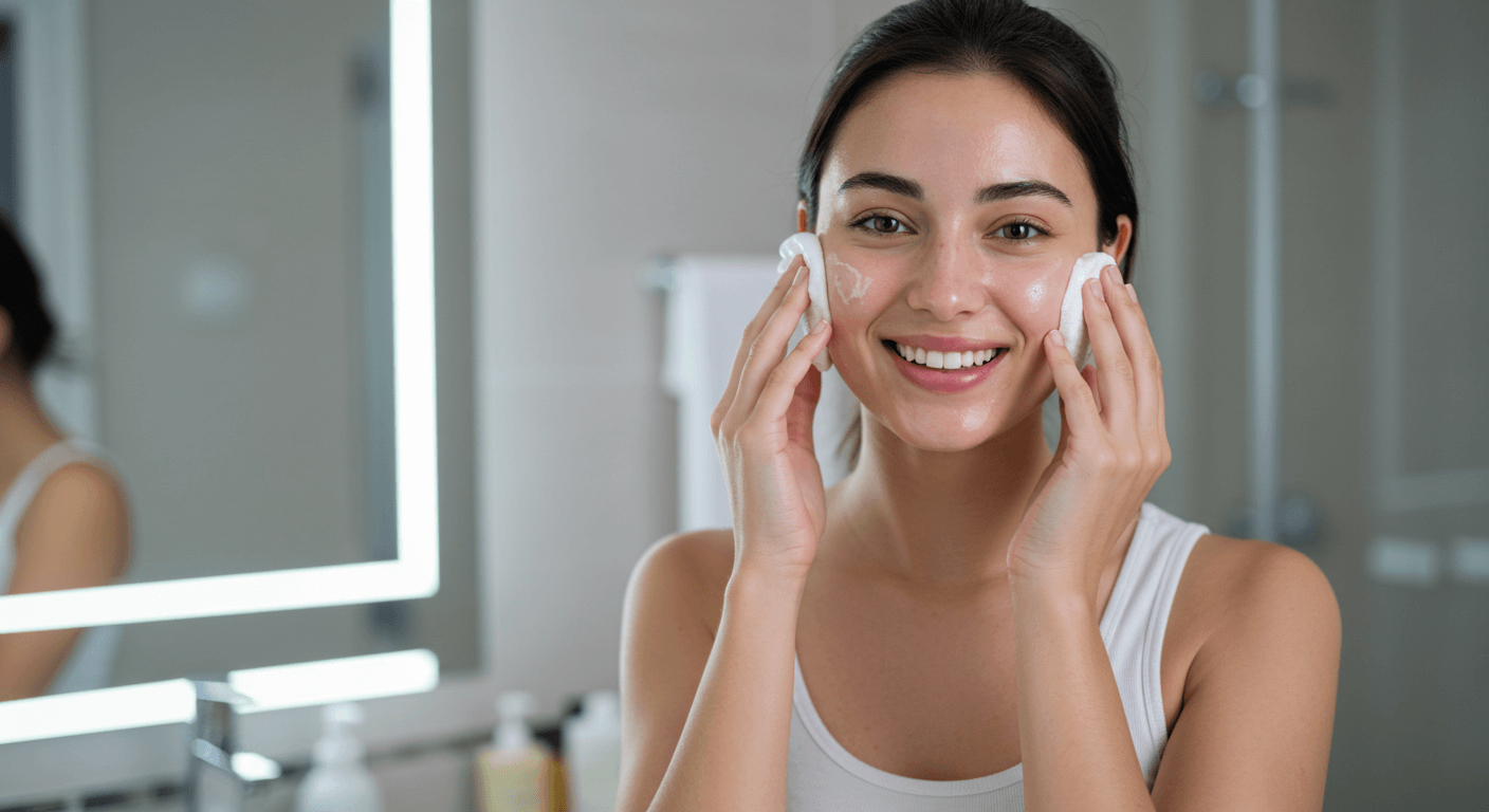A woman smiling while applying skincare cream with cotton pads on her cheeks in a bright bathroom. She is practicing Steps For A Skincare Routine To Calm Rosacea-Prone Skin.