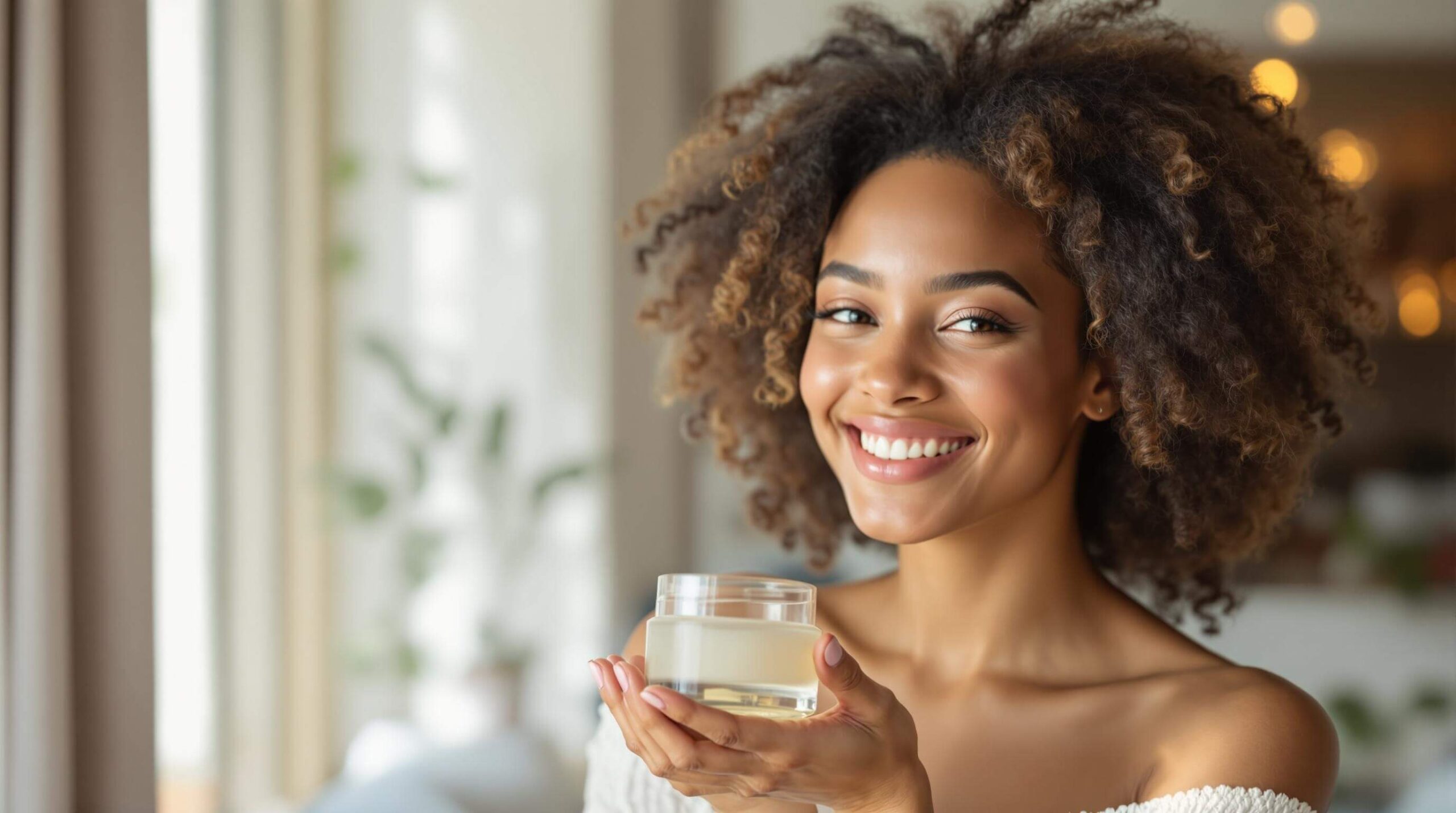 A smiling woman with curly hair holding a glass container of skincare product in a cozy, well-lit room.
