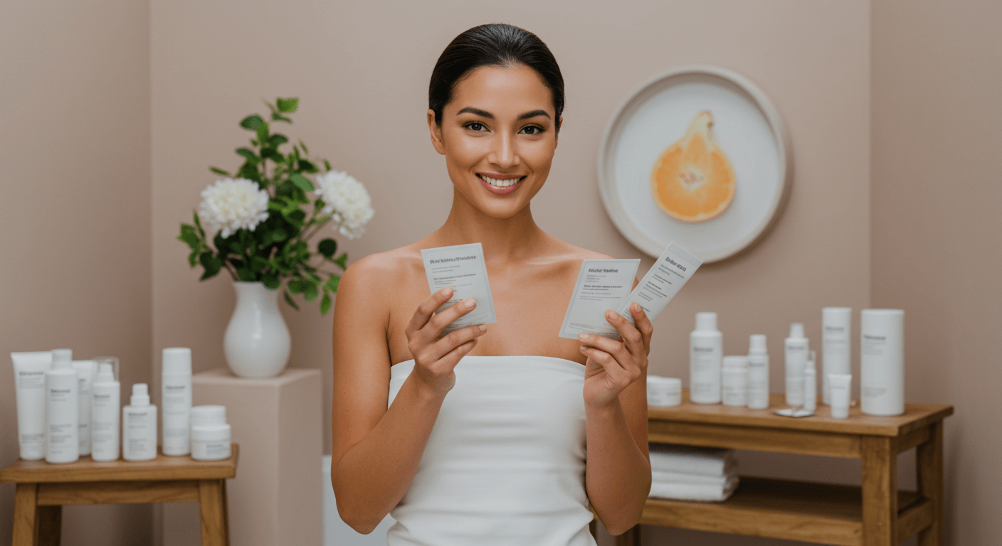 A smiling woman holding skincare product samples in a serene spa-like setting.